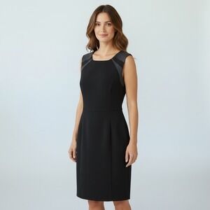 Elie Tahari‎ Black Sleeveless Sheath Dress Leather Trim Square Neck Size 8